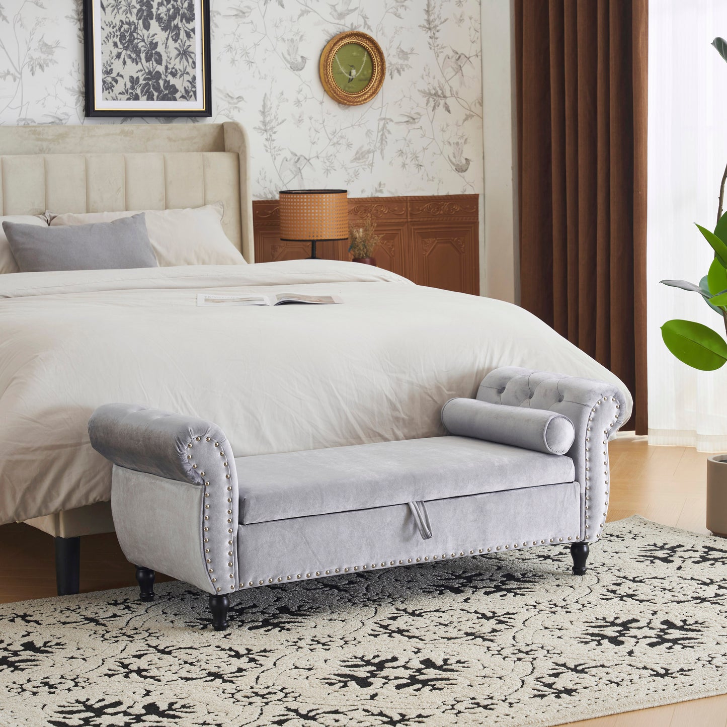 Light grey velvet storage bench with tufted details and silver nailhead trim