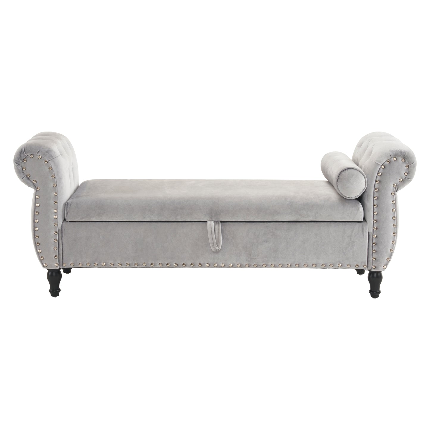 Grey velvet tufted storage bench with silver nailhead trim and rolled arms