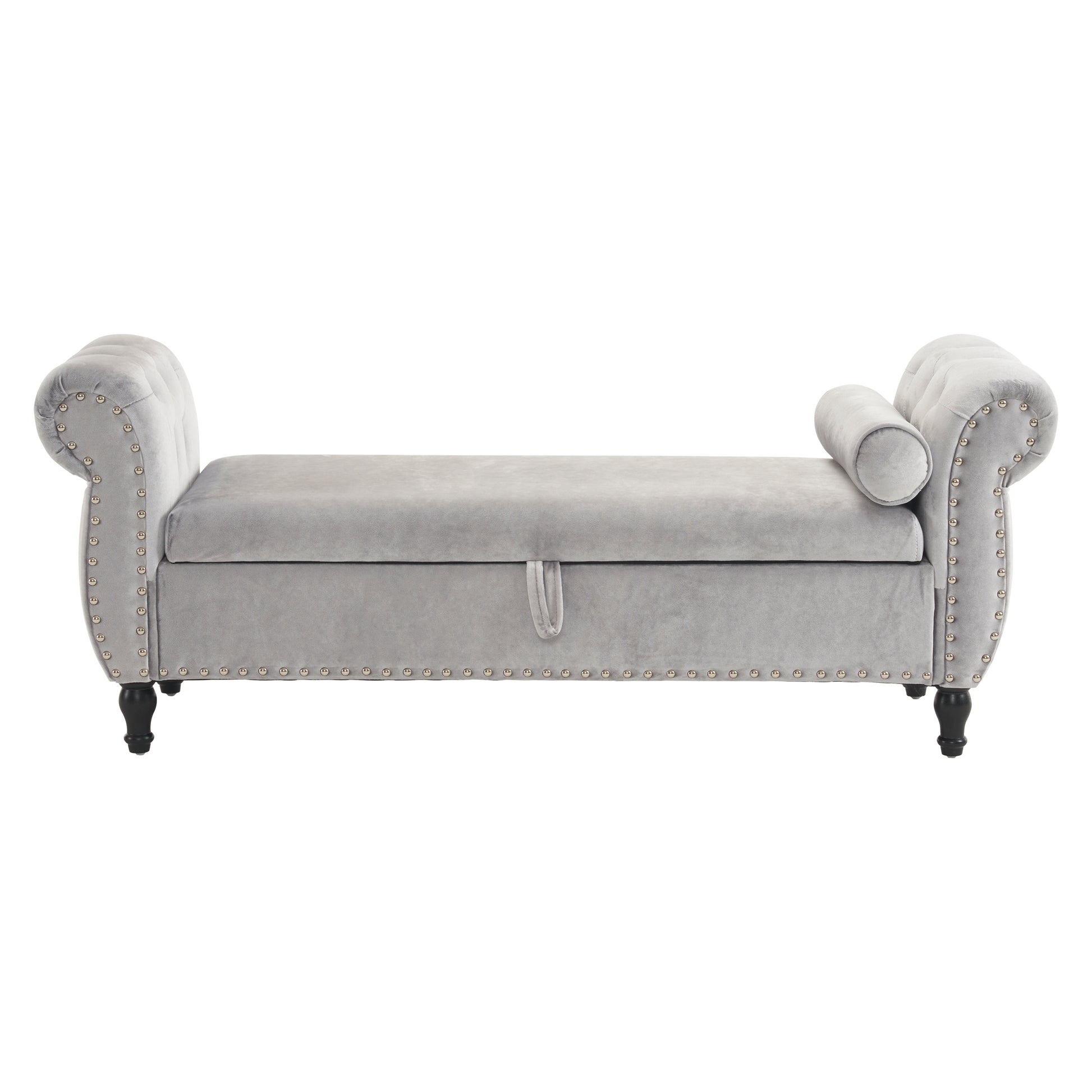 Grey velvet tufted storage bench with silver nailhead trim and rolled arms