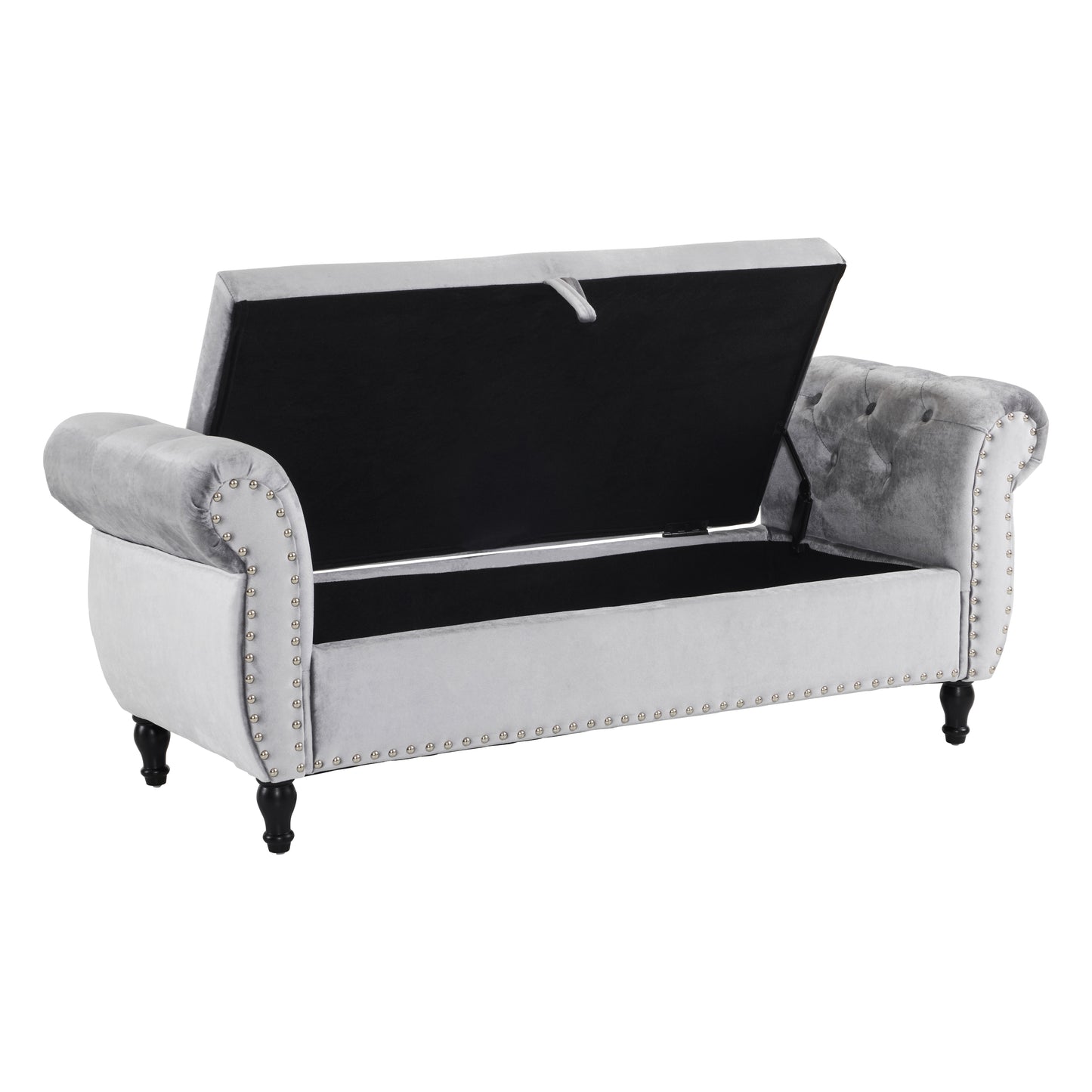 Grey velvet storage bench with tufted back and nailhead trim open for storage