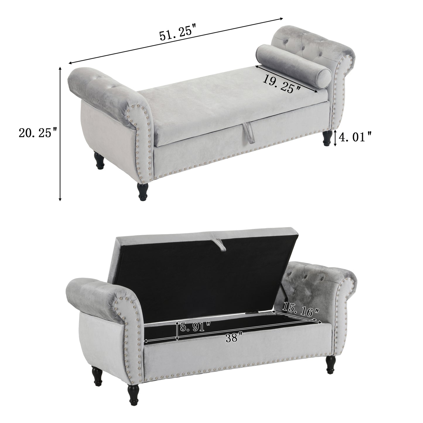 Grey velvet storage bench with tufted details and silver nailhead trim