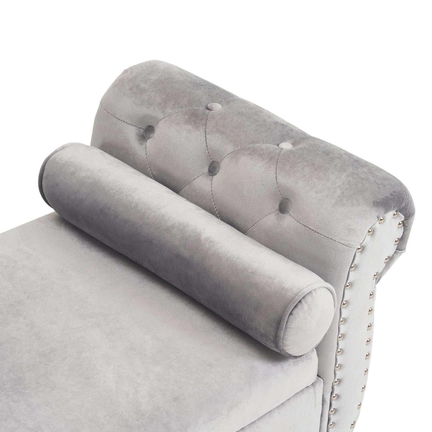 Plush grey velvet tufted bench with rolled armrest and silver nailhead trim