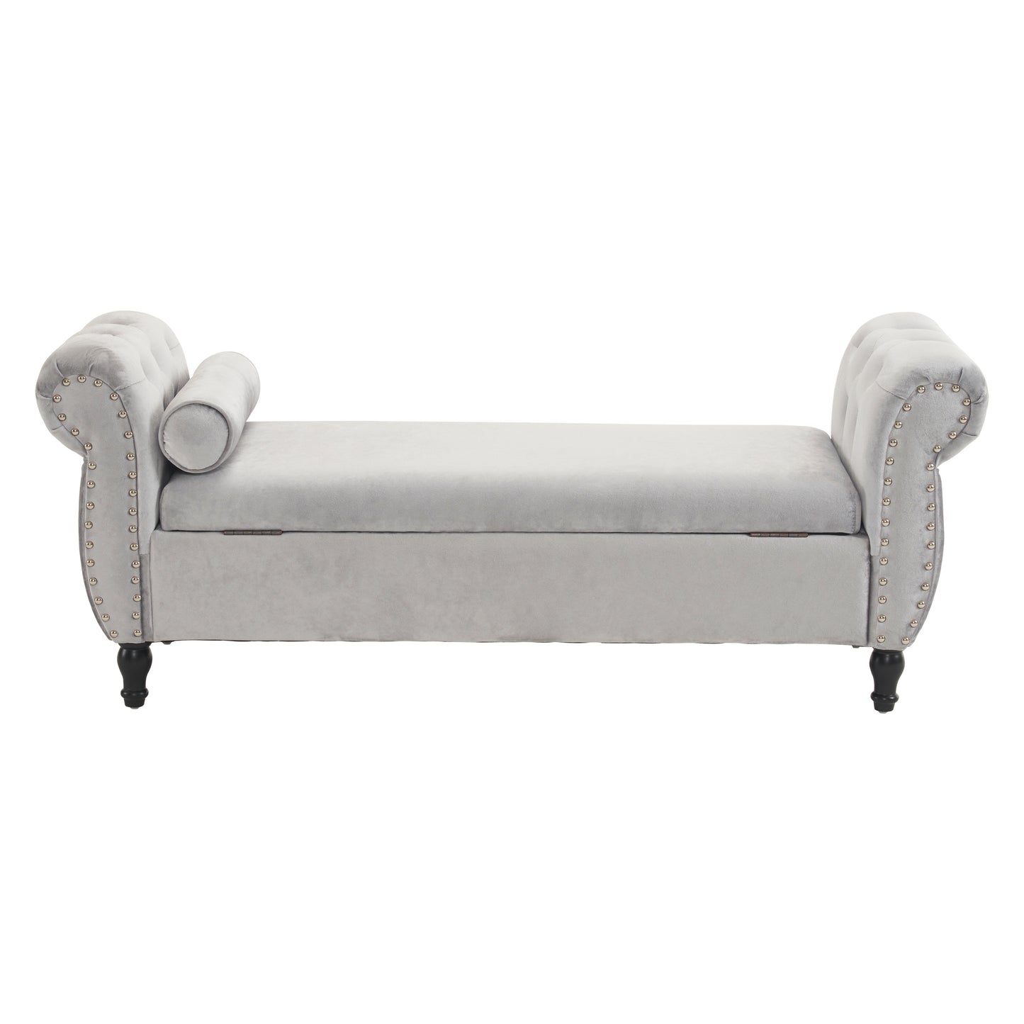 Elegant light grey velvet storage bench with button tufting and silver nailhead trim