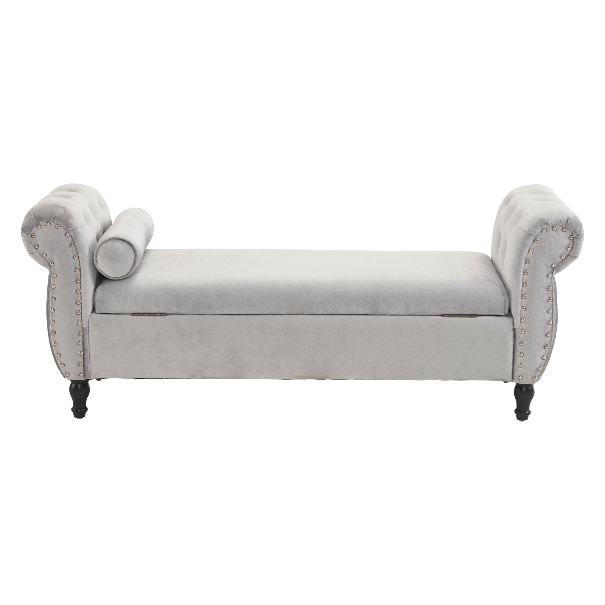 Elegant light grey velvet storage bench with button tufting and silver nailhead trim