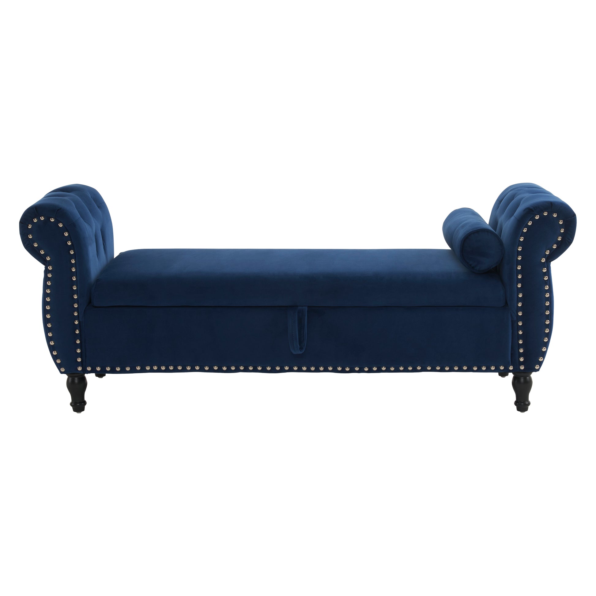 Deep blue velvet tufted storage bench with silver nailhead trim and rolled arms