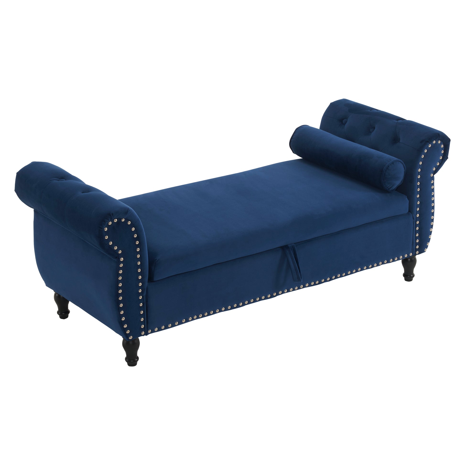 Navy velvet chesterfield bench with silver nailhead trim and bolster pillow