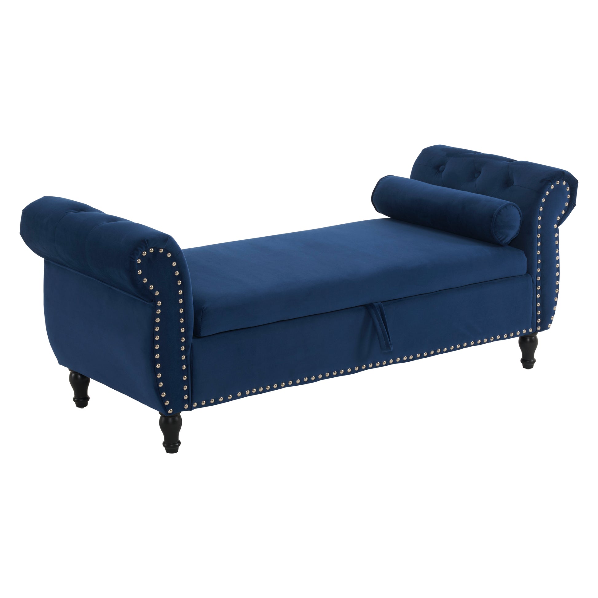 Deep blue velvet storage bench with tufted back silver nailhead trim and bolster pillow