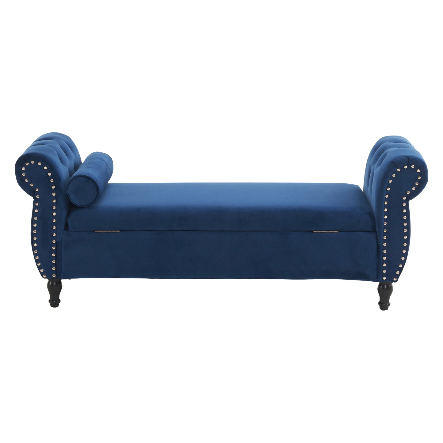 Deep blue velvet storage bench with tufted details and silver nailhead trim