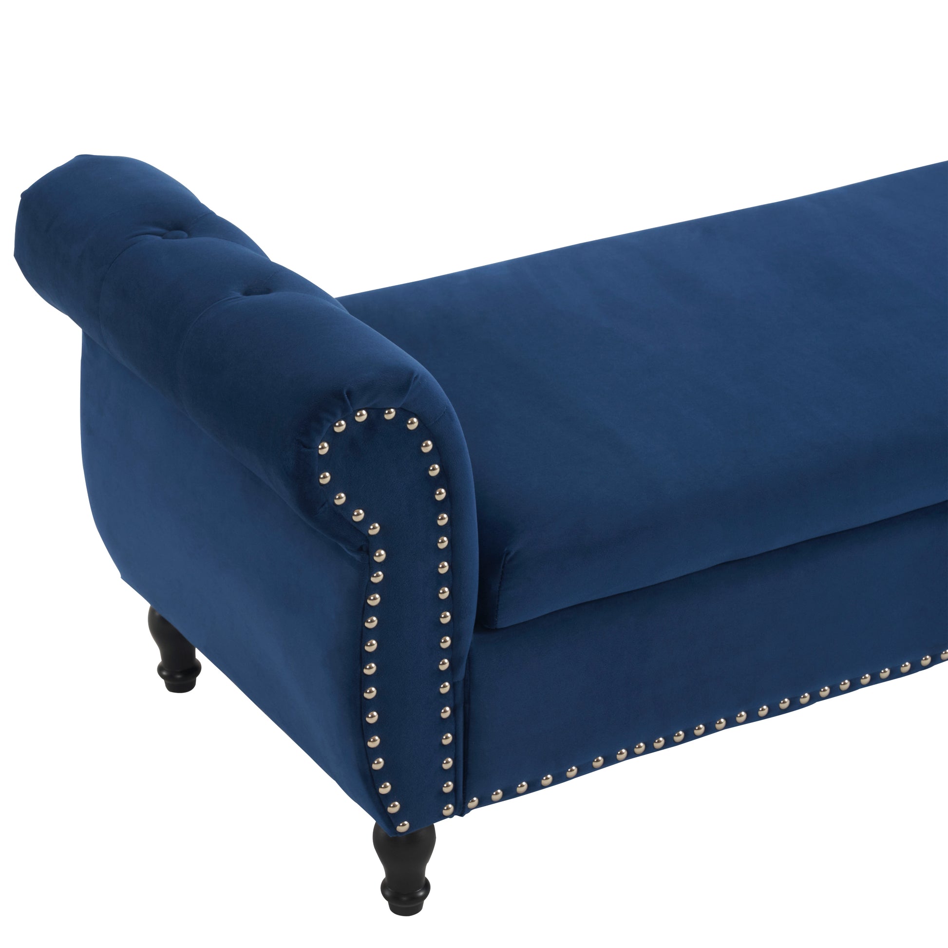 Navy blue velvet bench with tufted details and silver nailhead trim accent