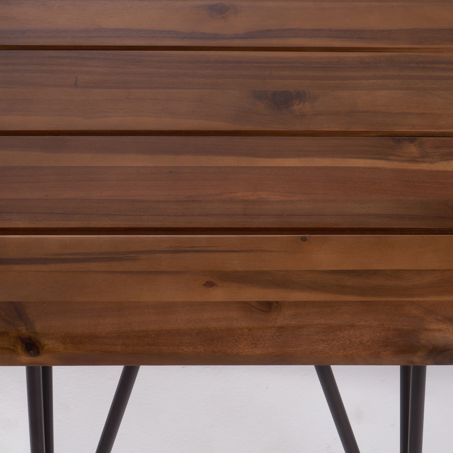 Rustic wood side table with a slatted acacia top and dark metal hairpin legs