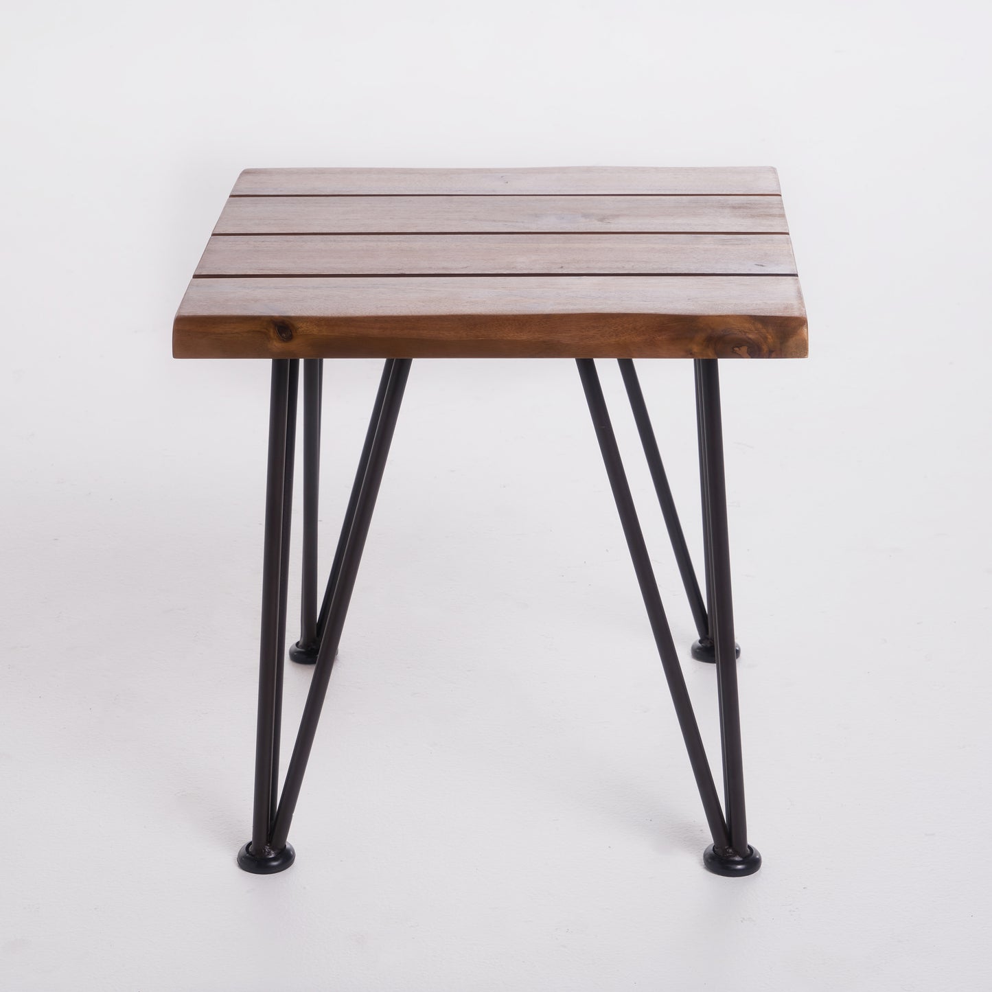 Rustic wooden side table with natural grain and black hairpin legs