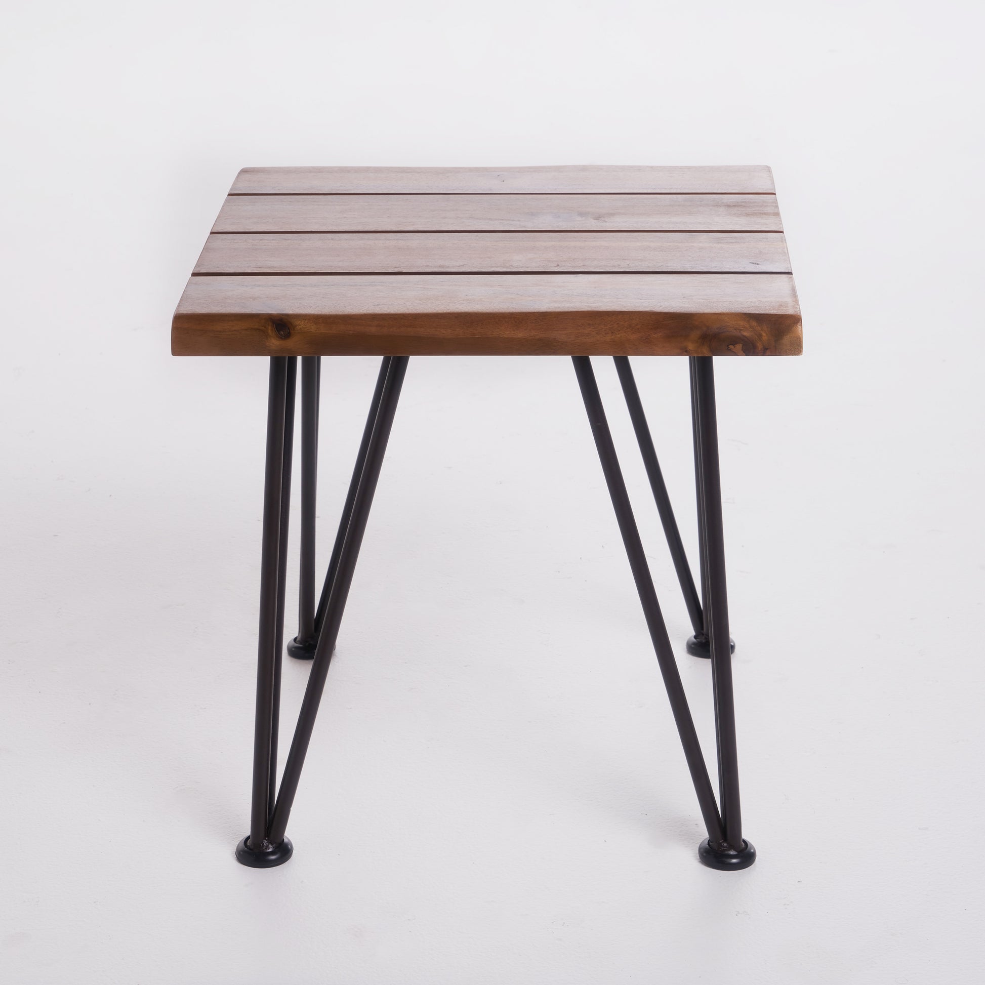 Rustic wooden side table with natural grain and black hairpin legs
