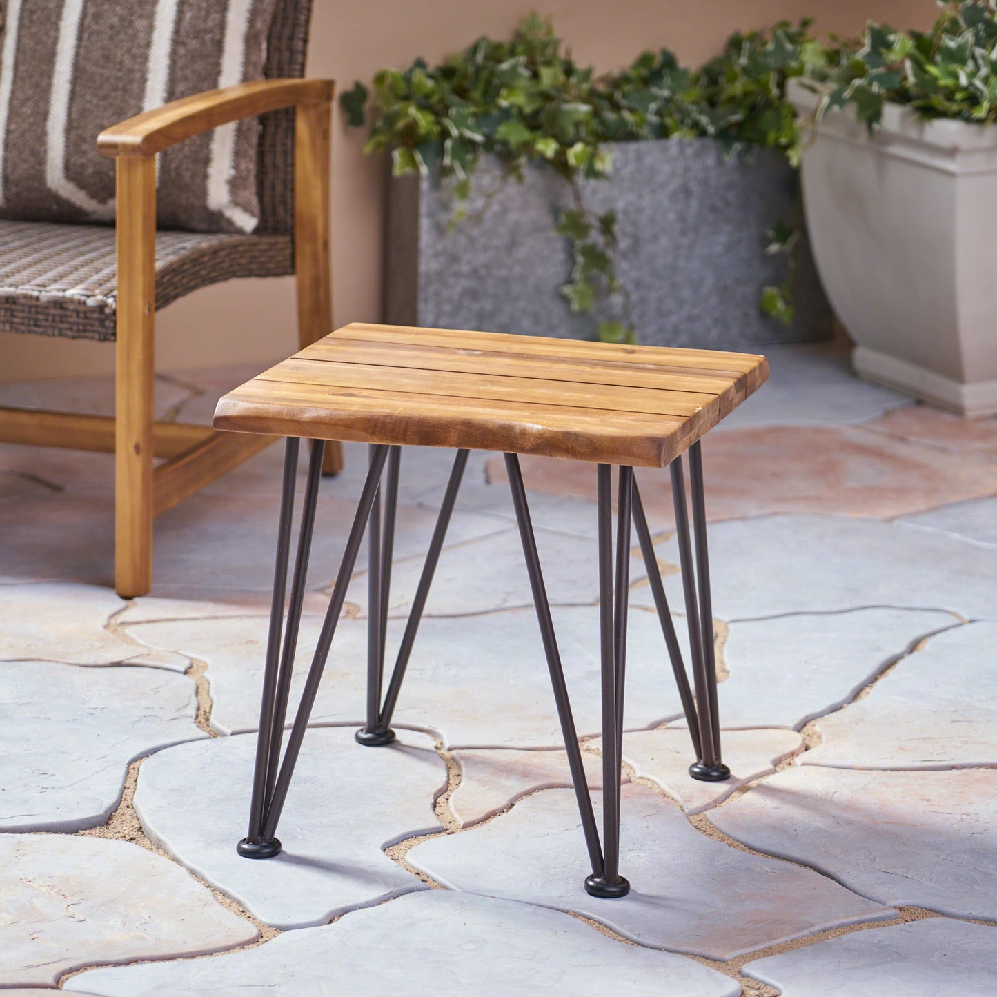 Rectangular natural wood slat top accent table with dark hairpin legs