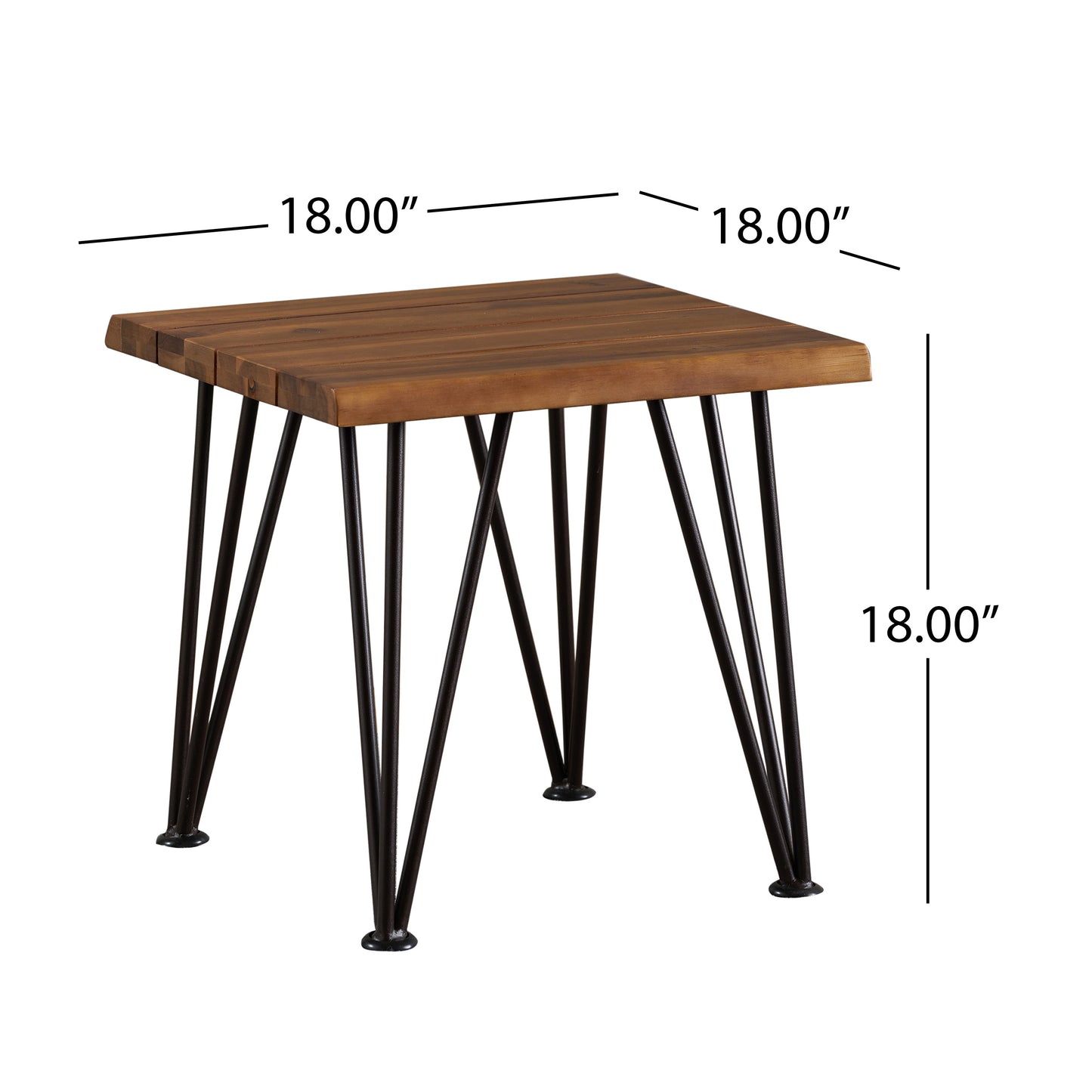 Wooden accent table with dark metal hairpin legs x inch square top
