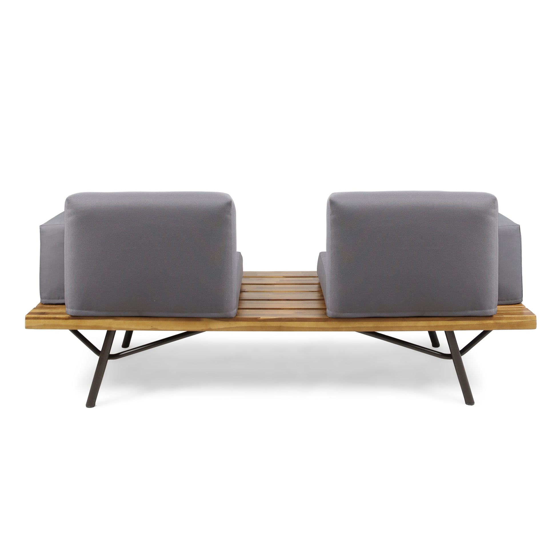 Grey outdoor patio bench with acacia wood slats and metal legs