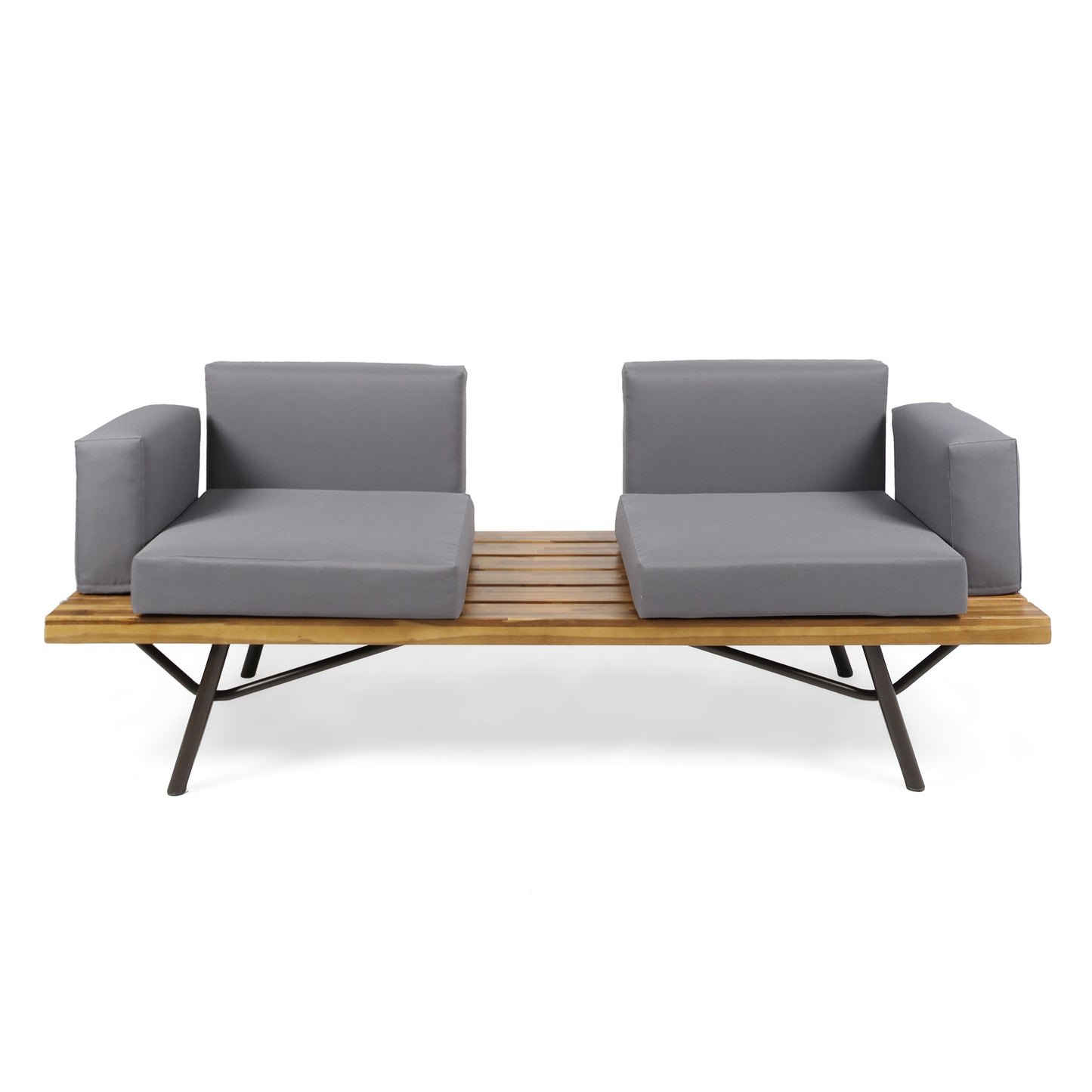 Modern outdoor loveseat with grey cushions and a slatted wood bench seat