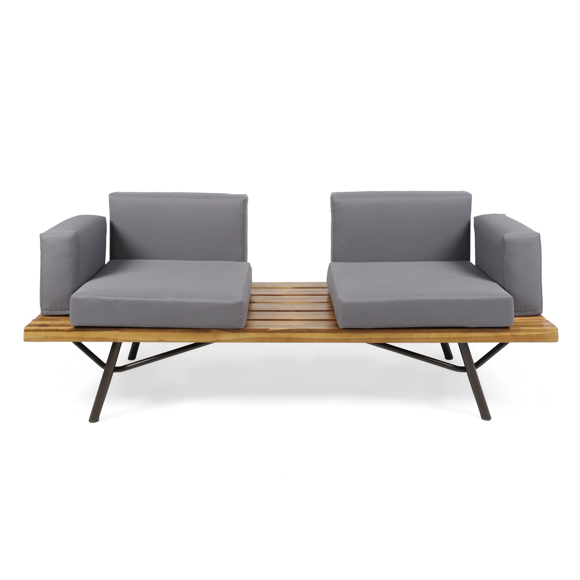 Modern outdoor loveseat with grey cushions and a slatted wood bench seat