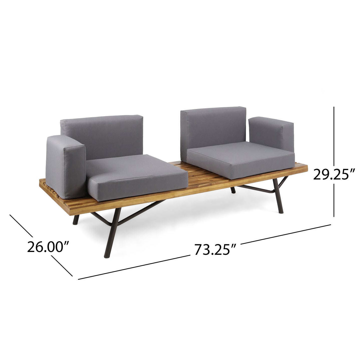 Twoseater outdoor sofa with grey cushions and natural wood slatted seat