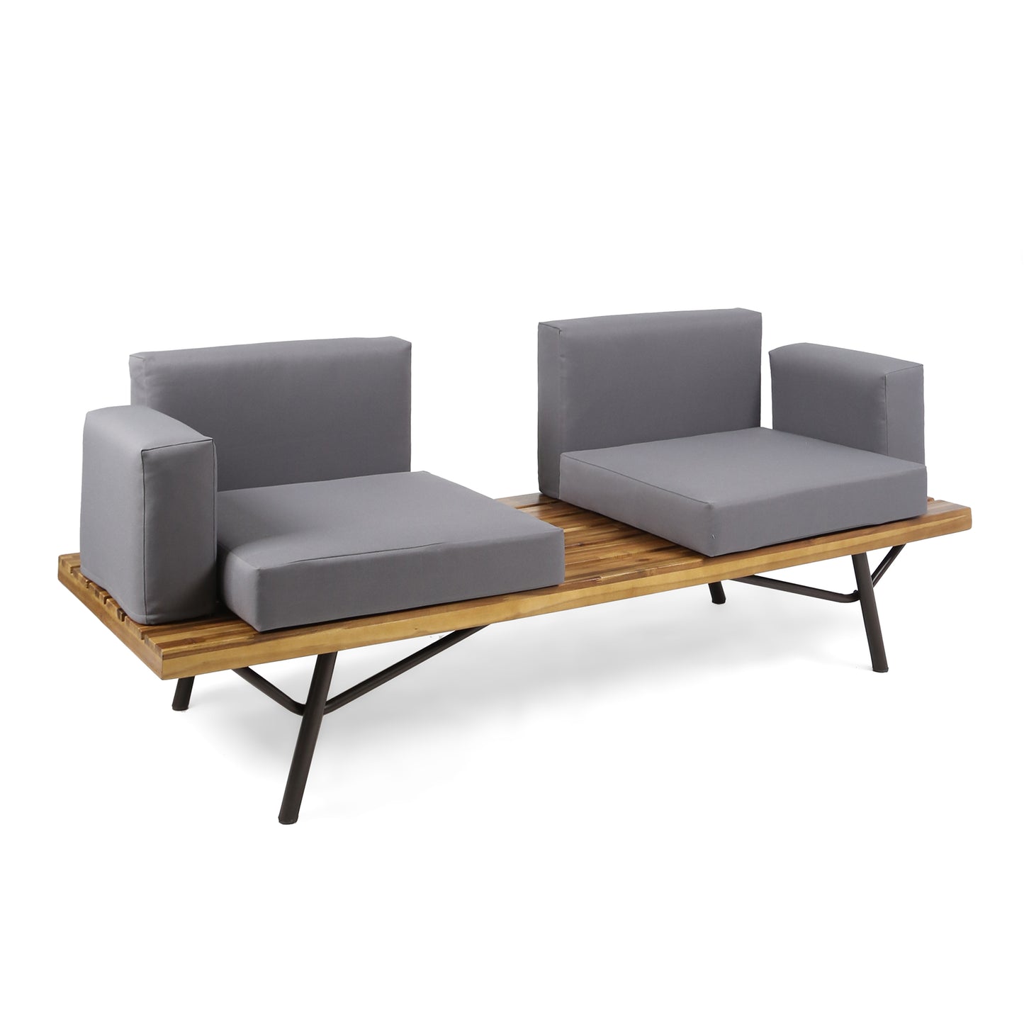 Modern grey outdoor loveseat with slatted wood seat and metal legs