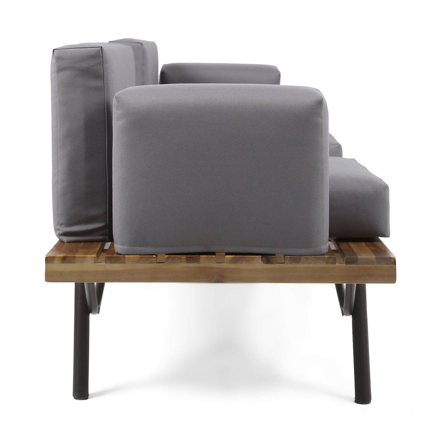 Grey upholstered outdoor sofa with slatted wood base and metal legs