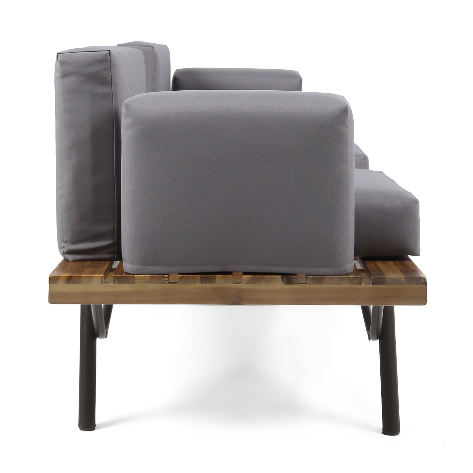 Grey upholstered outdoor sofa with slatted wood base and metal legs