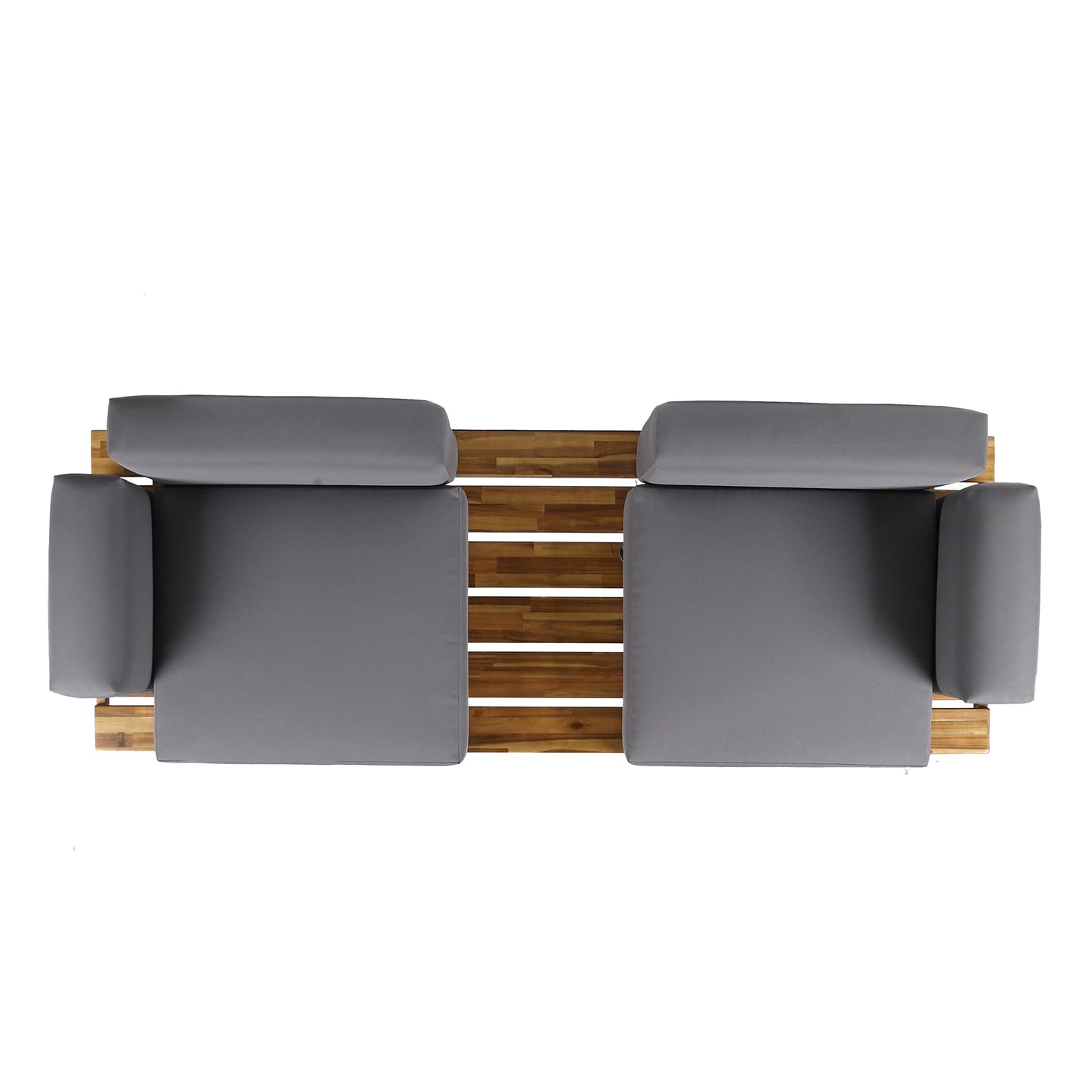 Top view of a twoseater outdoor sofa with grey cushions and a wooden slatted frame