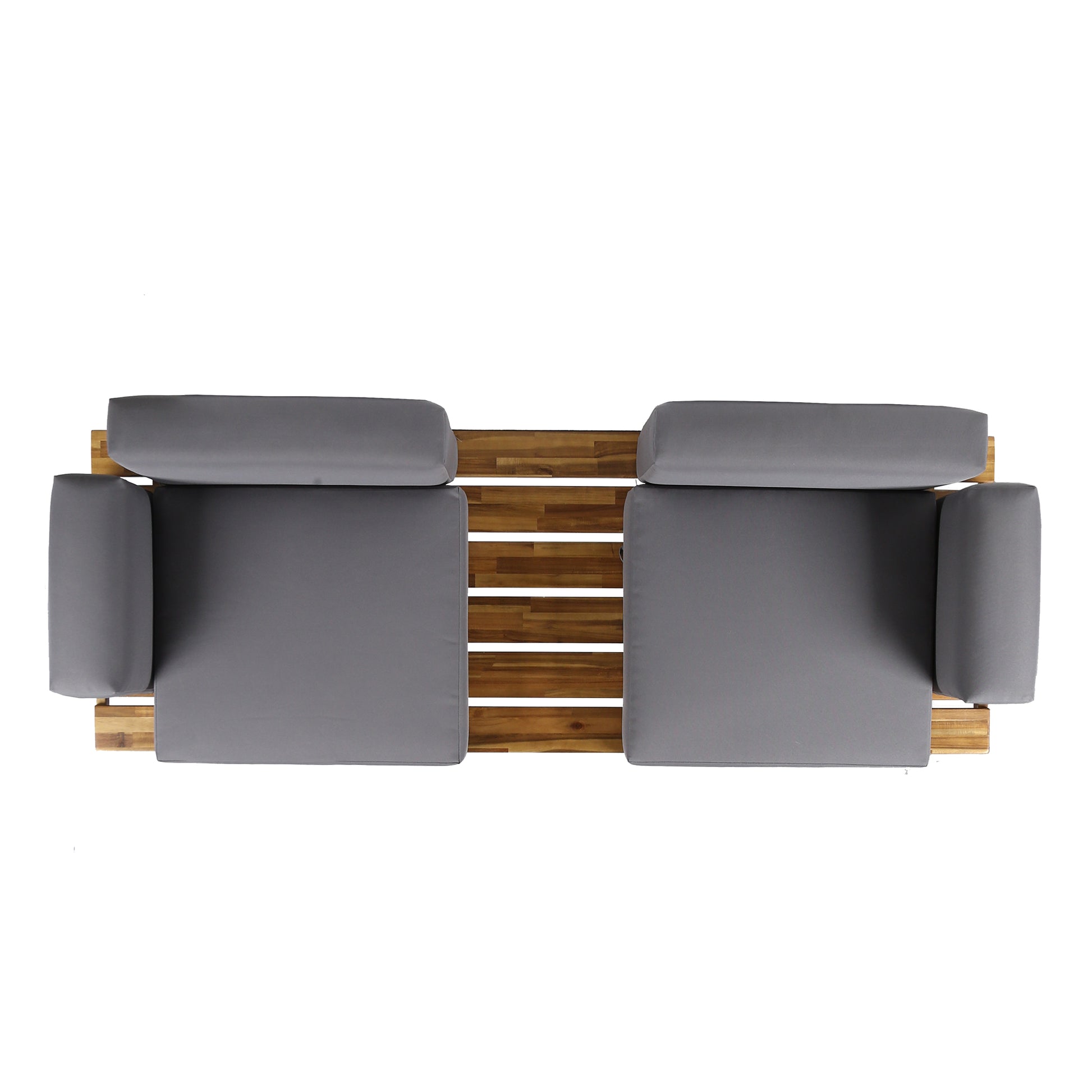 Top view of a twoseater outdoor sofa with grey cushions and a wooden slatted frame