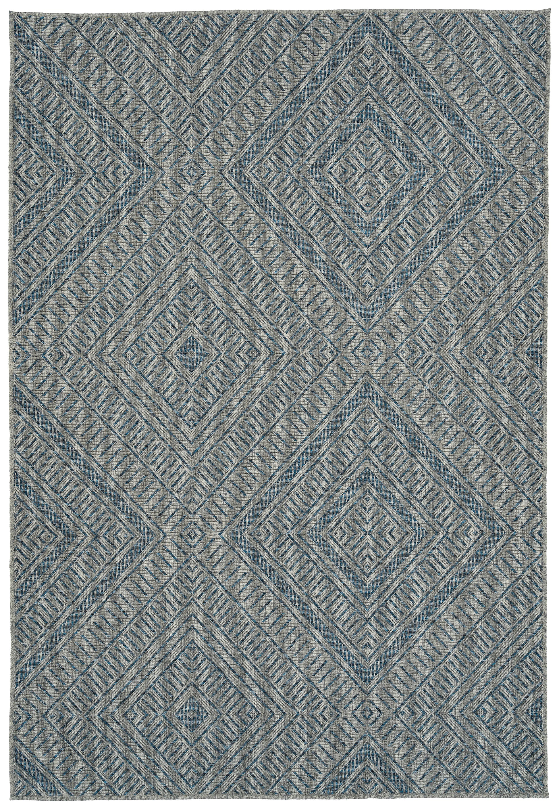 Gray and blue diamond pattern woven indoor outdoor rug