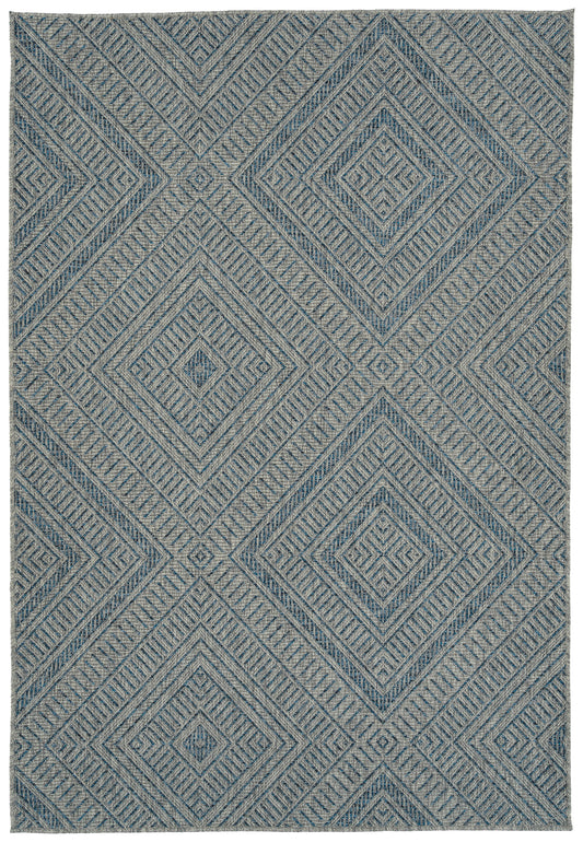 Gray and blue diamond pattern woven indoor outdoor rug