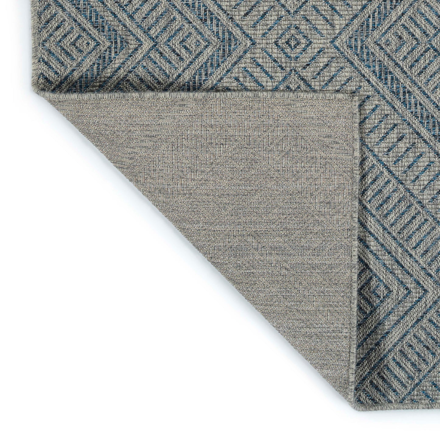 Textured gray area rug with a diamond pattern in blue and gray threads