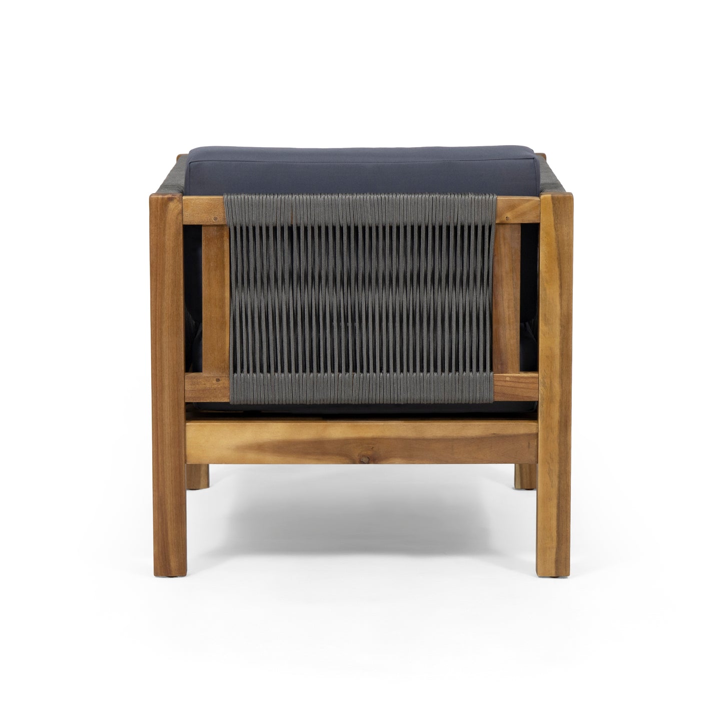 Modern outdoor armchair with warm wood frame and grey rope back