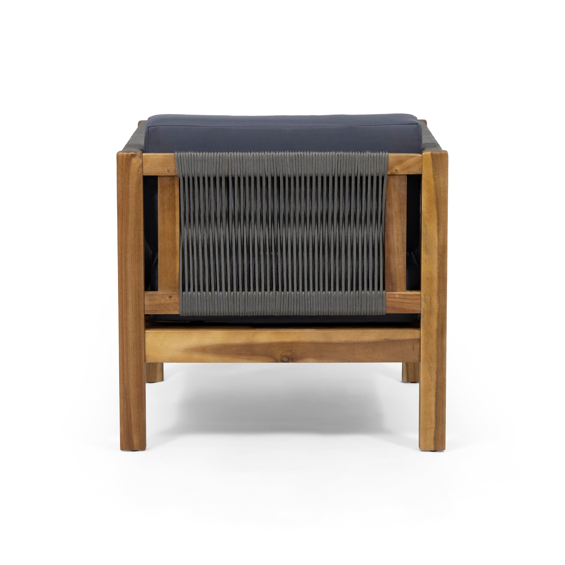 Modern outdoor armchair with warm wood frame and grey rope back