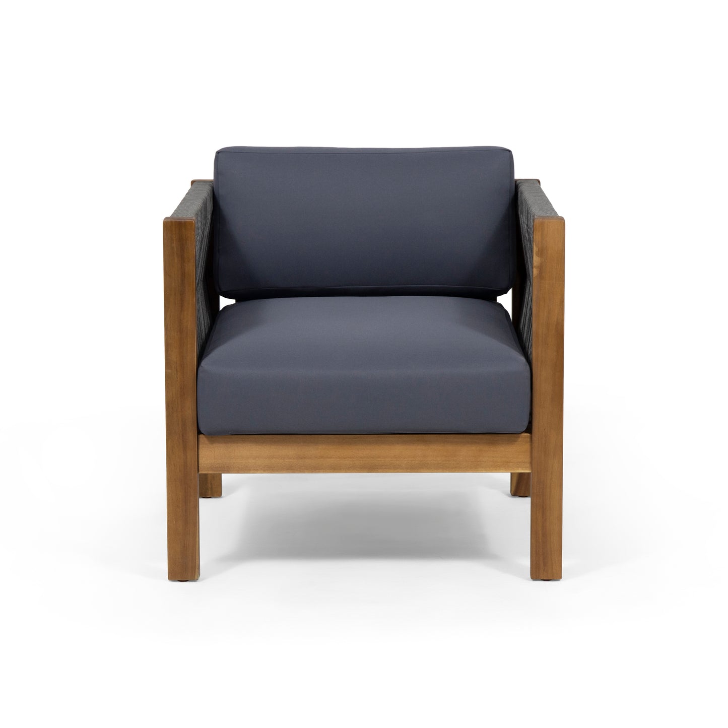 Modern accent chair with charcoal gray cushions and a natural wood frame