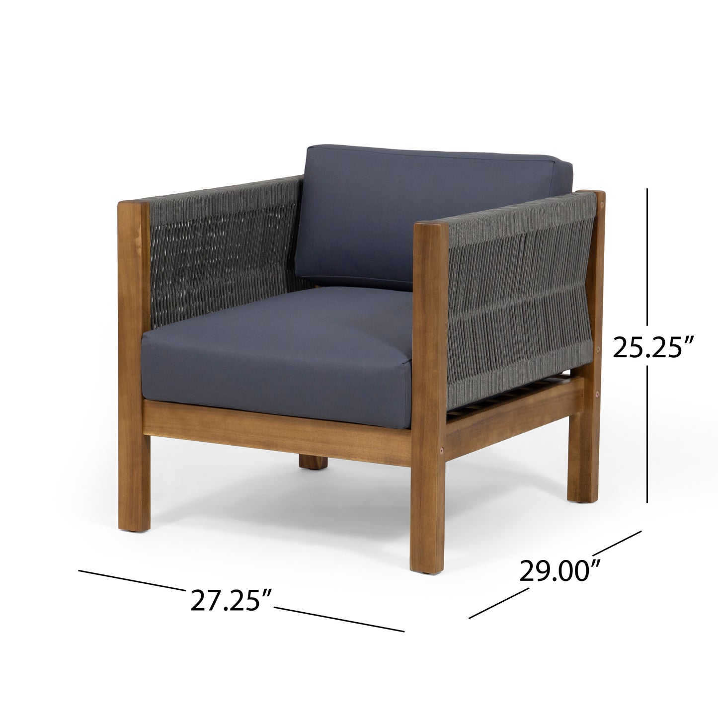 Modern acacia wood chair with dark gray rope weaving and charcoal cushions perfect for patio seating