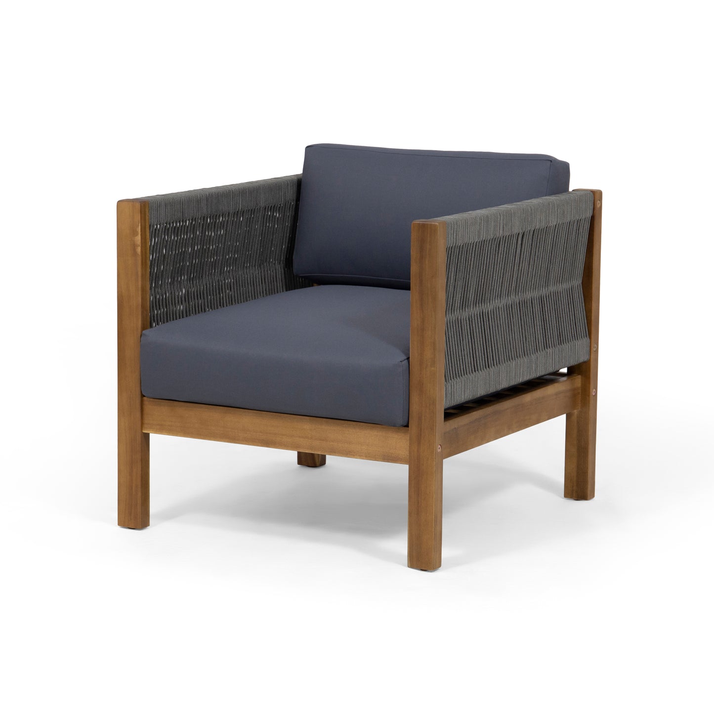 Armchair with wooden frame and charcoal gray rope sides featuring plush navy cushions
