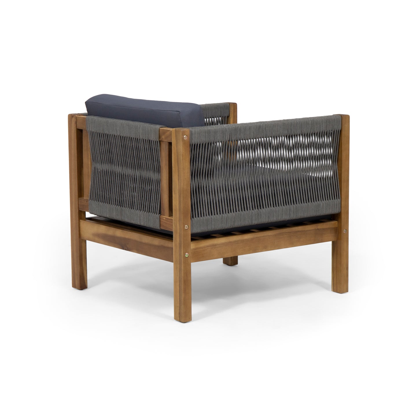 Wooden armchair with grey woven rope sides and navy cushion ideal for patio seating