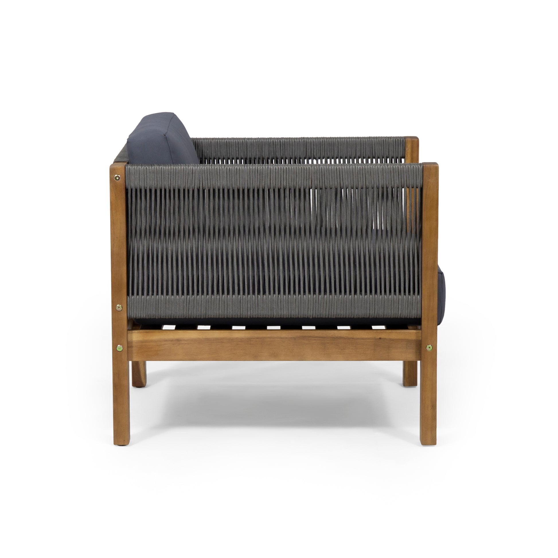 Modern outdoor armchair with grey rope detailing and wooden frame perfect for patio seating