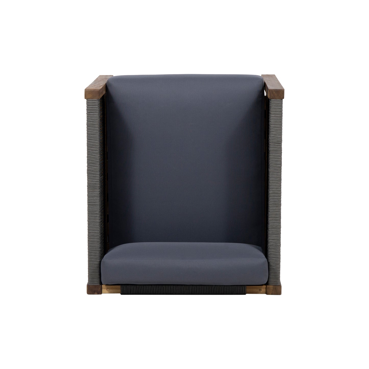 Modern grey upholstered armchair with woven side panels and wooden accents