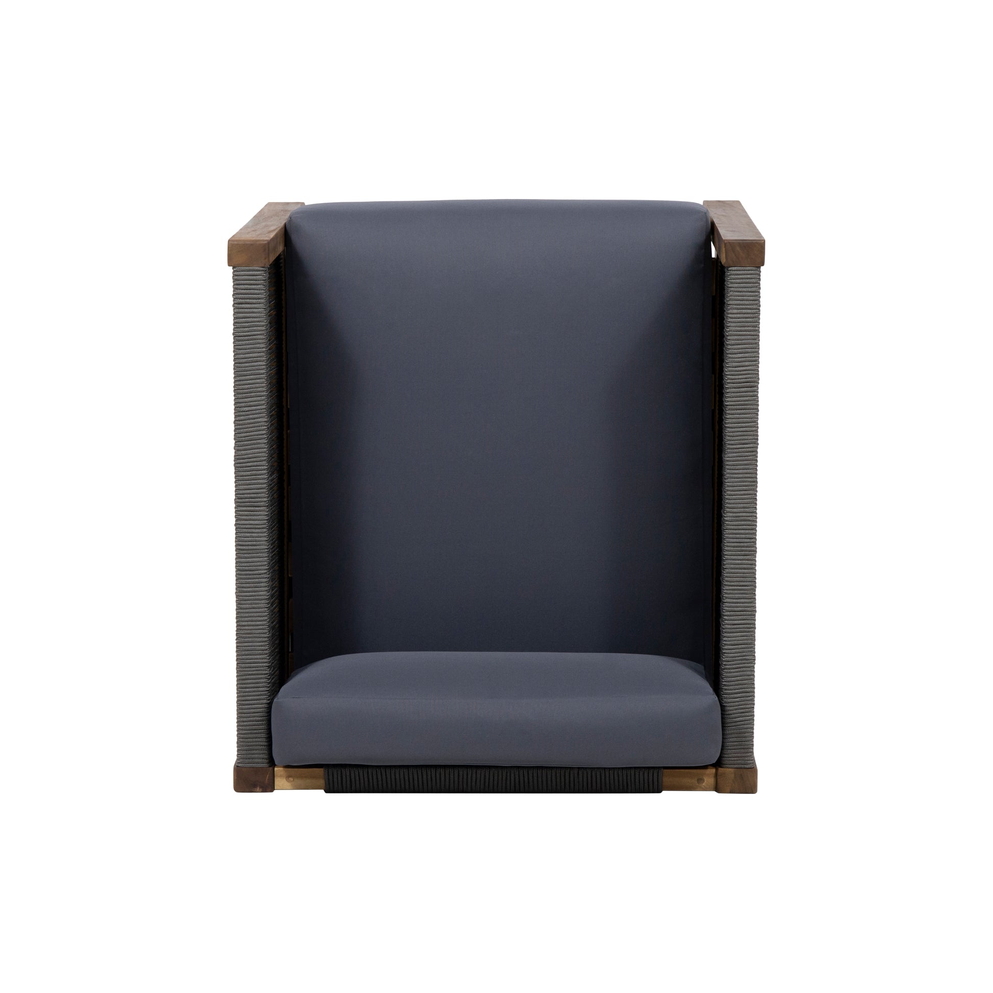 Modern grey upholstered armchair with woven side panels and wooden accents