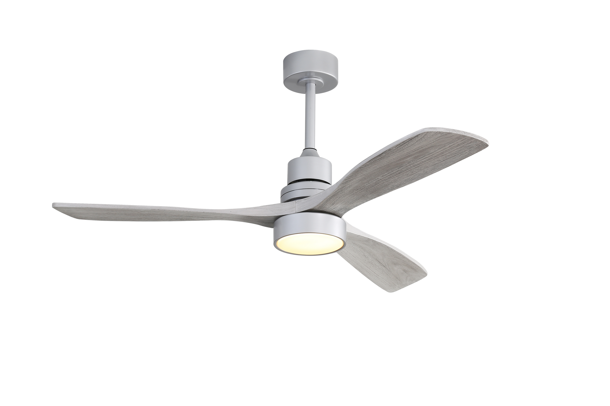 Modern gray ceiling fan with light and light wood grain blades