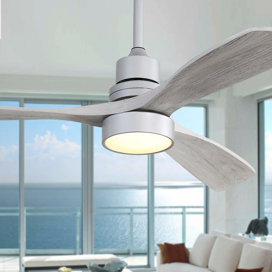 Modern gray wood blade ceiling fan with integrated LED light kit