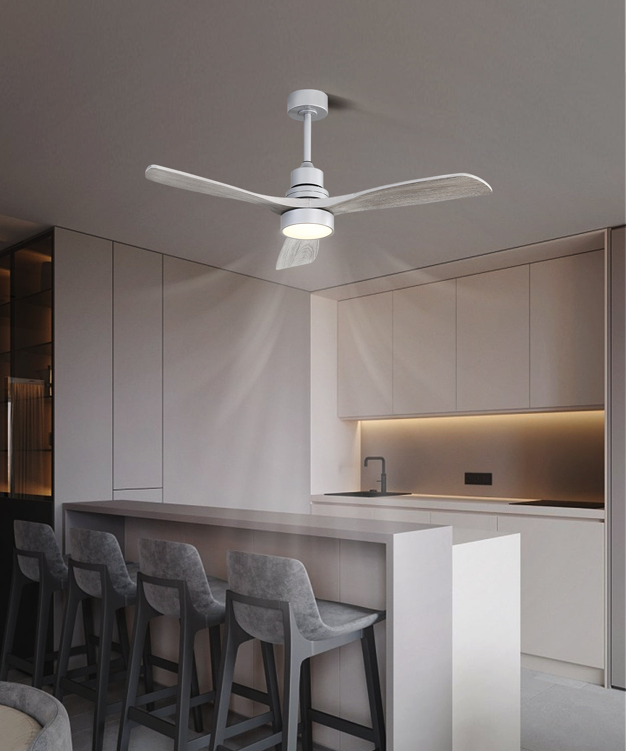 Modern white ceiling fan with distressed woodlook blades and integrated LED light