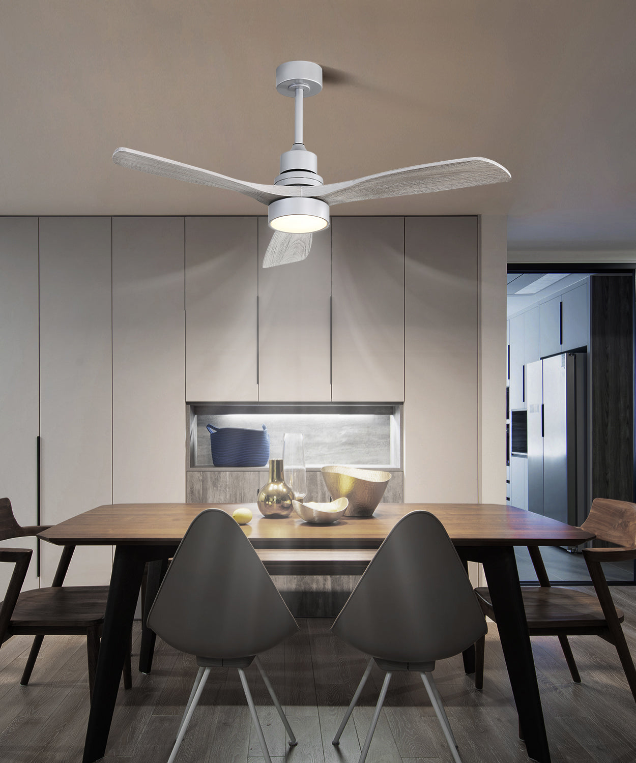 White modern ceiling fan with light and grey wood blades