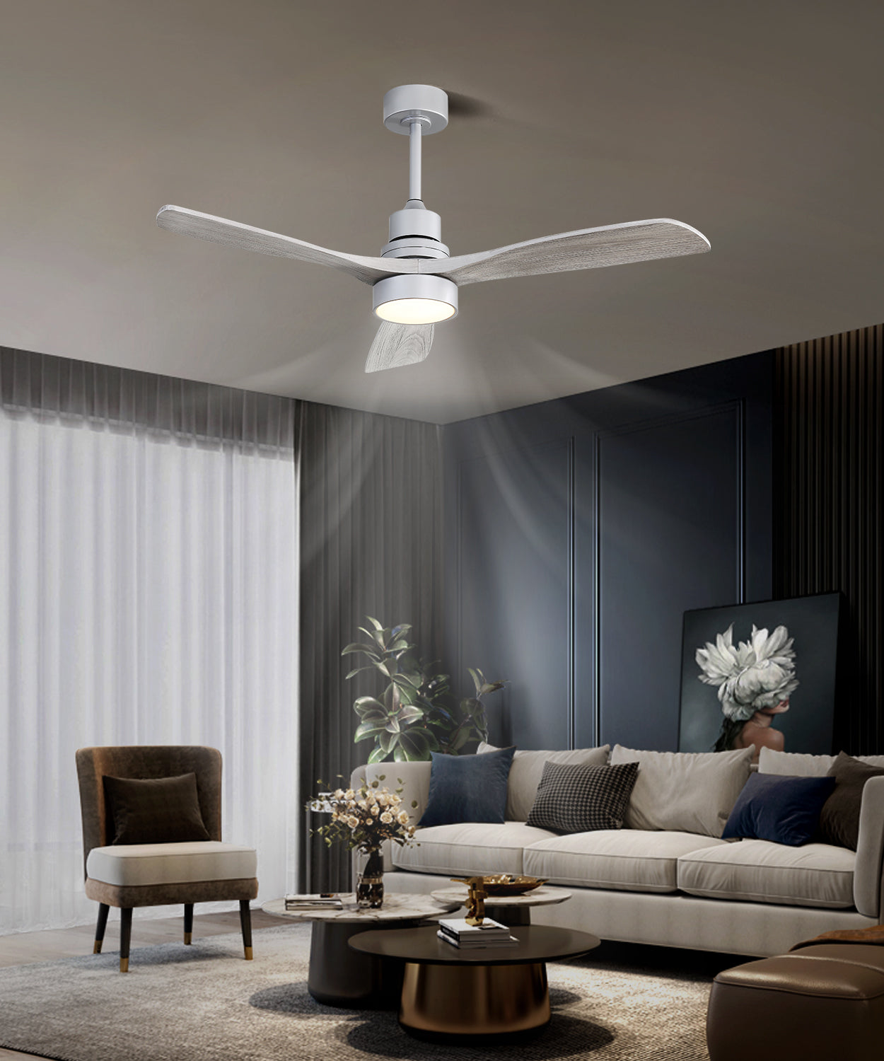White ceiling fan with woodgrain blades and integrated LED light