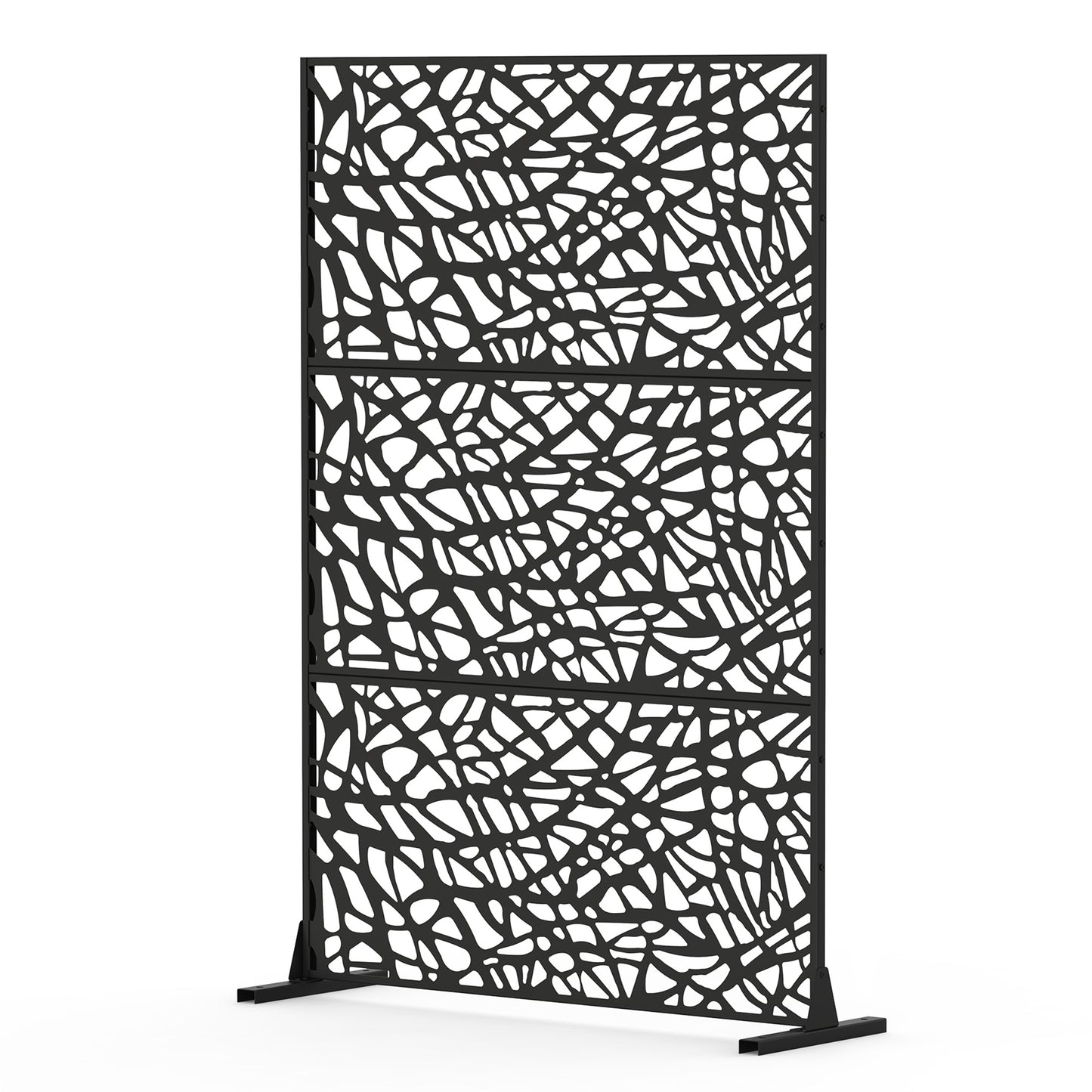 Black metal outdoor privacy screen with abstract lattice pattern