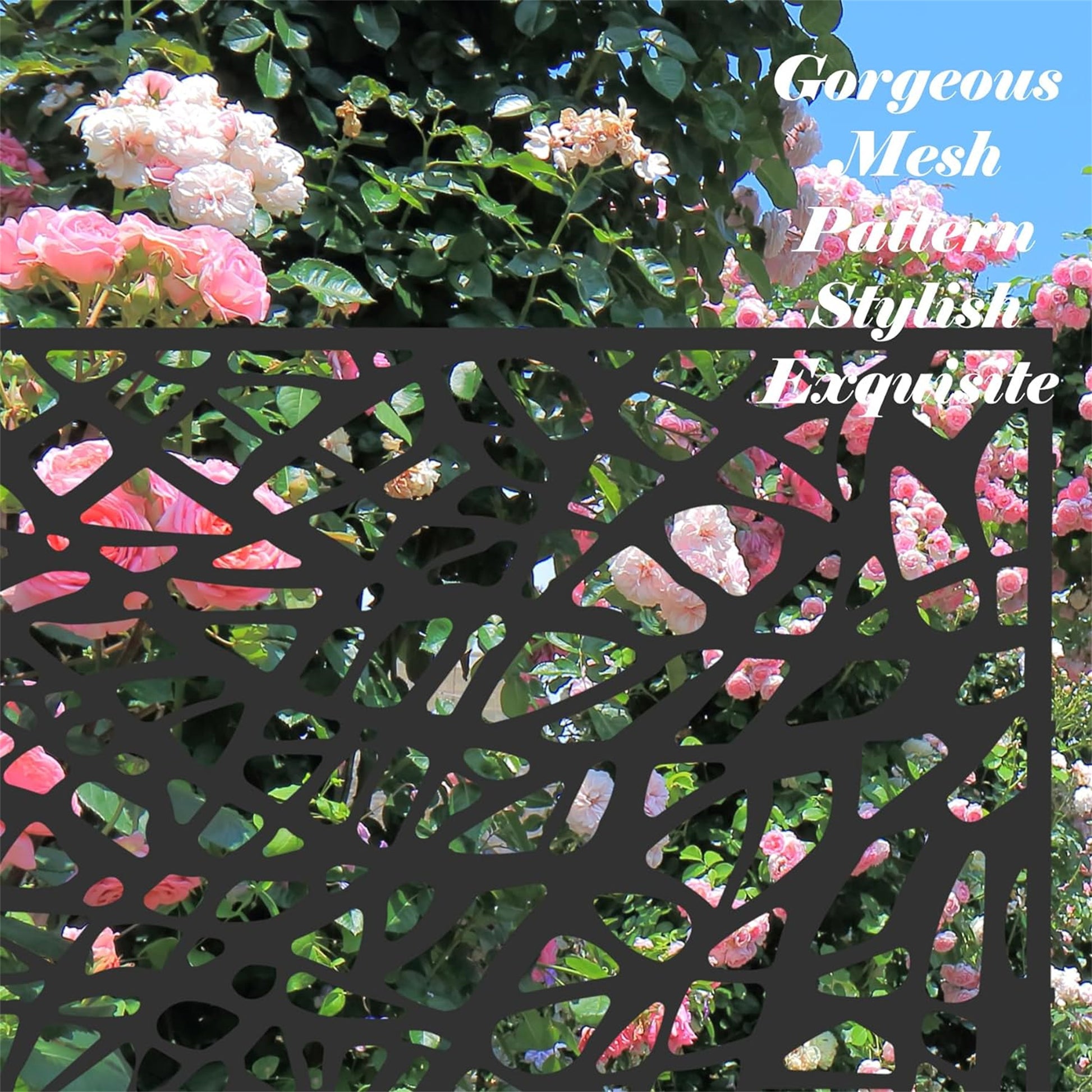 Dark metal garden screen with intricate organic mesh pattern and climbing pink roses