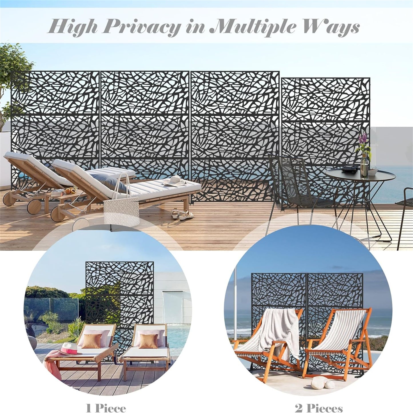 Black lasercut decorative garden screen with organic vine pattern providing outdoor privacy