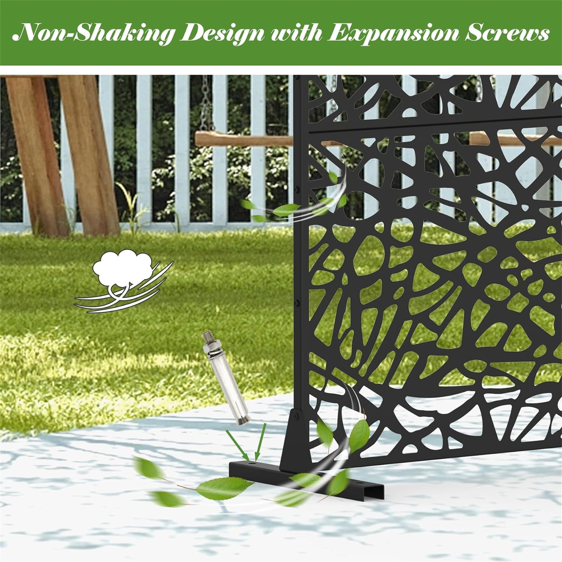 Black decorative garden screen with abstract pattern showing secure installation with expansion screws