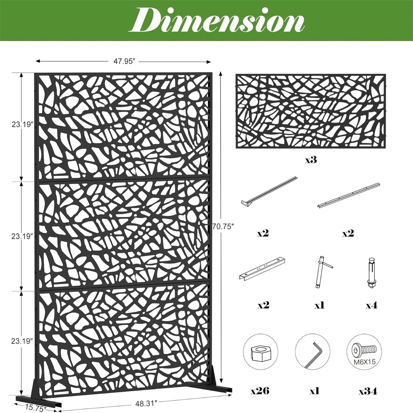 Black metal garden screen with abstract cutout design  W x  H