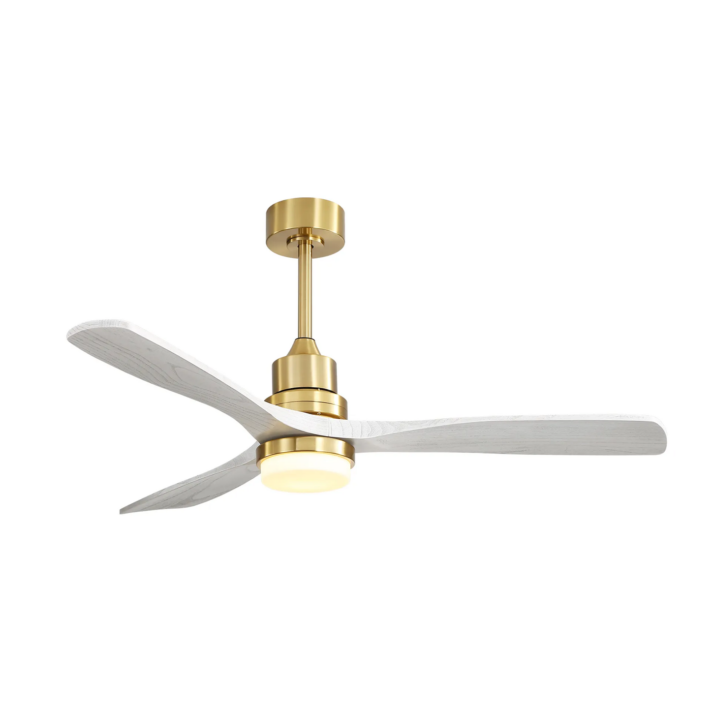 Modern brass ceiling fan with three white wooden blades and integrated LED light